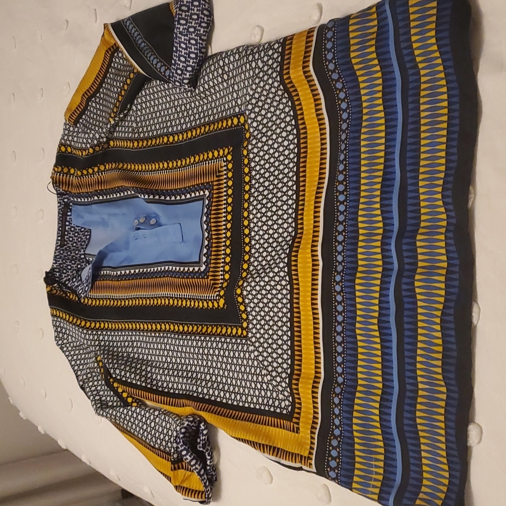 gorgeous blue/yellow silk printed mini-dress